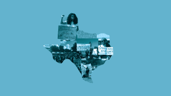 Picture of Texas with various images from protests in it.
