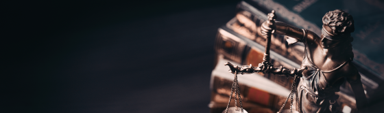 Statue of Lady Justice holding scales in front of books.