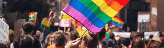 A rainbow flag above a pride parade.