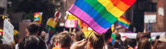 A rainbow flag above a pride parade.