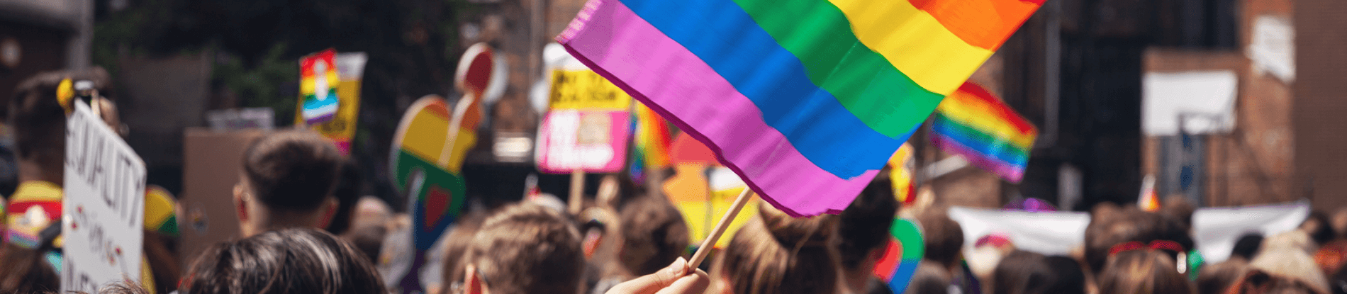 A rainbow flag above a pride parade.