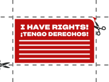 A graphic showing that the red cards can be printed and cut out. The image says "I have Rights" and "Tengo Derechos".