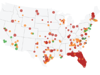 Image of the US showcasing dots where there are 287(g) agreements