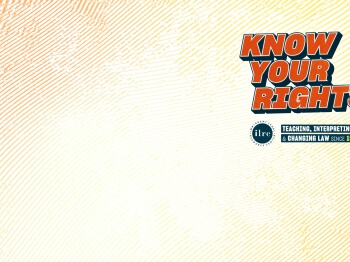 A virtual background for Zoom that has a thumbprint with the words Know Your Rights and the ILRC logo/brand in the upper right hand corner.