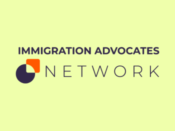A yellow background with the words Immigration Advocates Network on the front. There's also a symbol to the bottom left of the words.
