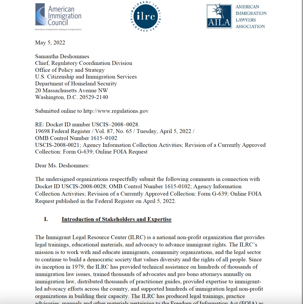 ILRC AILA And AIC Comment To USCIS On G 639 FOIA Revisions