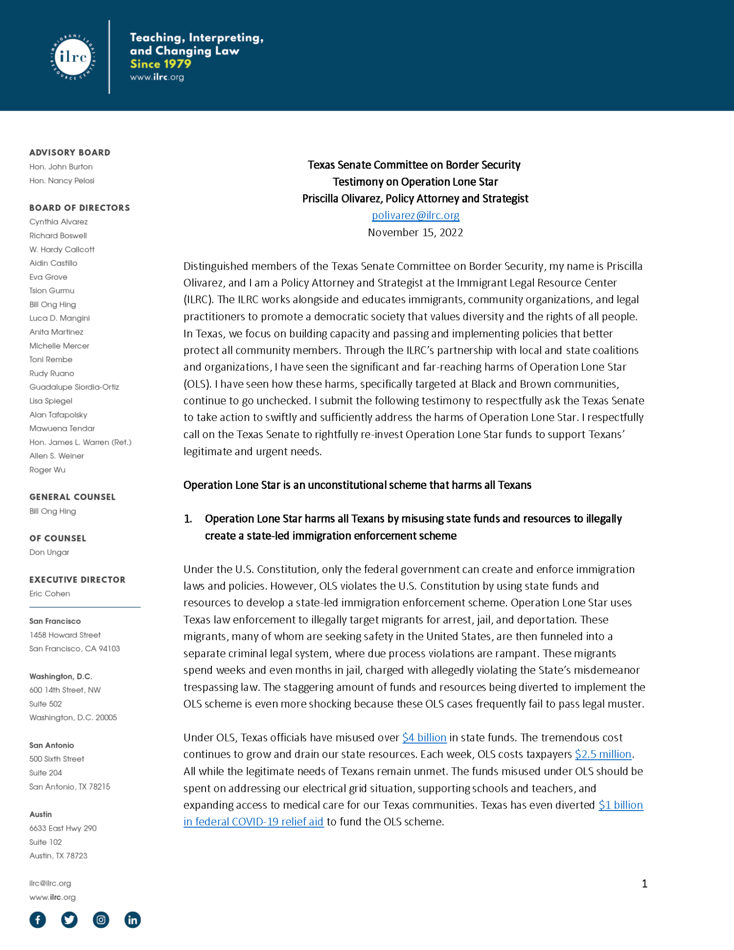 Public Comment for the Texas Senate Border Committee on Operation Lone ...