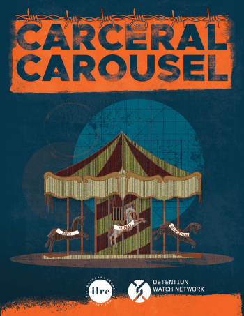 Cover of the report features a decrepit carousel with three horses, each of them holding a different banner: "jails," "detention centers," and "prisons" written on them respectively.   