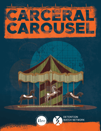 Cover of the report features a decrepit carousel with three horses, each of them holding a different banner: "jails," "detention centers," and "prisons" written on them respectively.