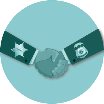 Illustration of an ICE agent and a sheriff shaking hands.