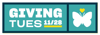 Giving Tuesday logo features text on the left, and a white butterfly with a yellow heart above its antennas on the right