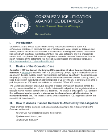 An image of the first page of the Gonzalez v. Ice practice advisory.