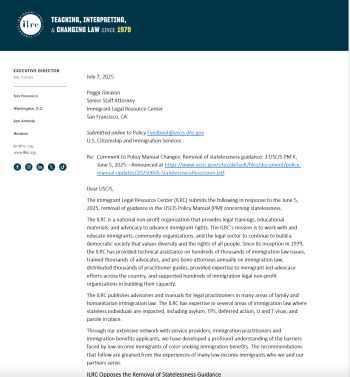 ILRC Comment on USCIS Revisions to Policy Manual on Statelessness