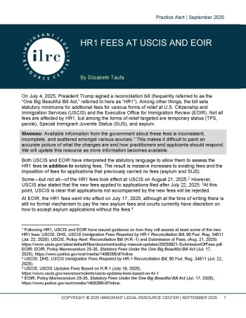 A cover of the HR1 Fees At USCIS and EOIR document.