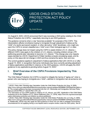 A cover image of the USCIS Child Status Protection Act Policy Update.