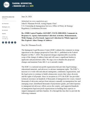  ILRC Comment Opposing Proposed USCIS Change of Address Form