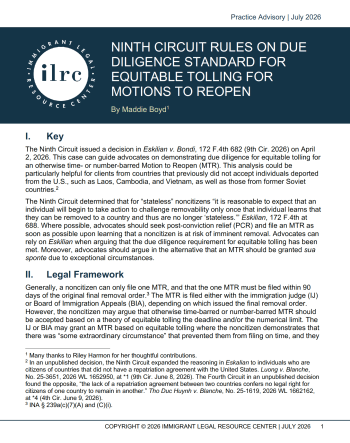 Ninth Circuit Rules on Due Diligence Standard for Equitable Tolling For Motions to Reopen