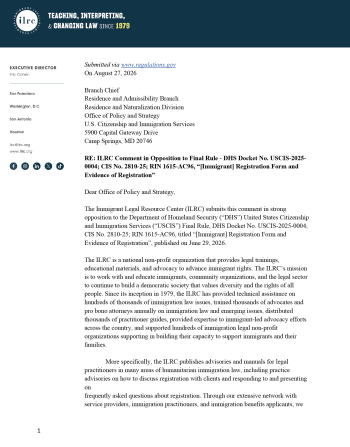  ILRC Submits Comment Opposing DHS Final Rule on Immigrant Registration