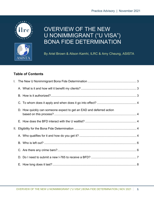 Overview of the New U Nonimmigrant (“U Visa”) Bona Fide Determination