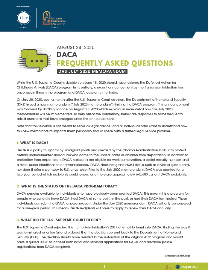 DACA: Frequently Asked Questions | Immigrant Legal Resource Center | ILRC