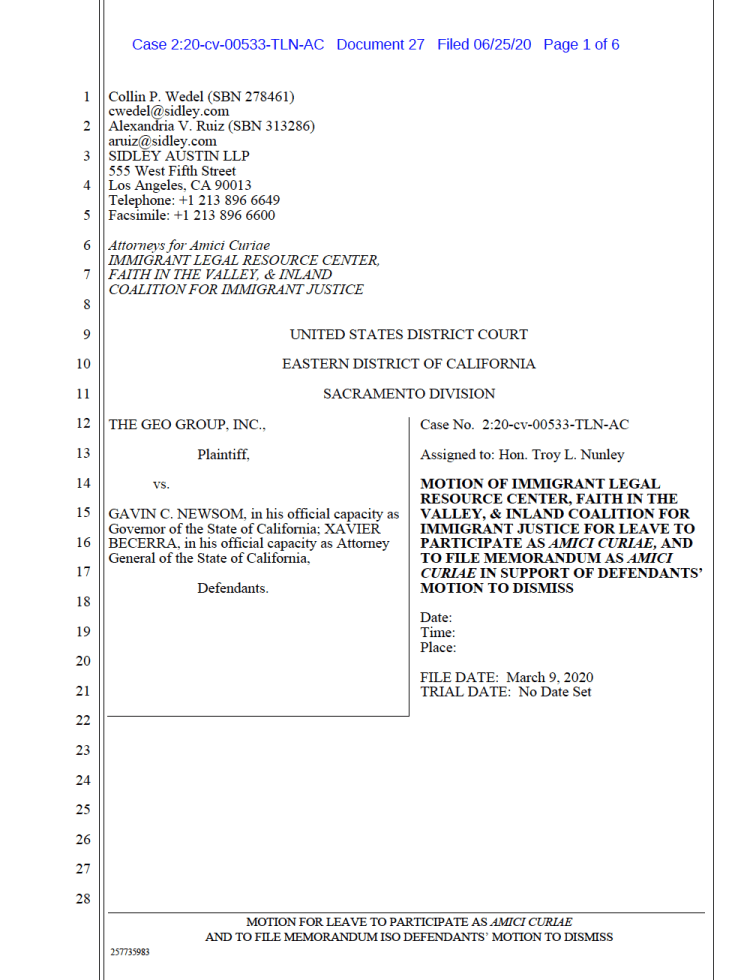 ILRC, Faith in the Valley, & Inland Coalition for Immigration Justice Amicus Brief in GEO v .CA