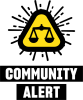 Two scales in a yellow triangle with the words Community Alert below it.