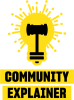 A lightbulb with a gavel in it. Below it are the words Community Explainer.