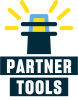 A motif of a lighthouse, with yellow lines coming out of the top. Underneath it are the words Partner Tools in white over a blue background.